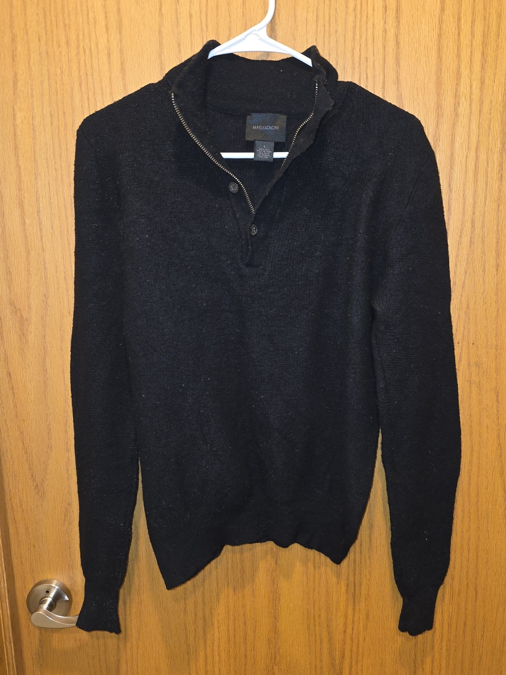 Magaschoni Men's Black 1/4 Zip-Up 100% Wool Sweater